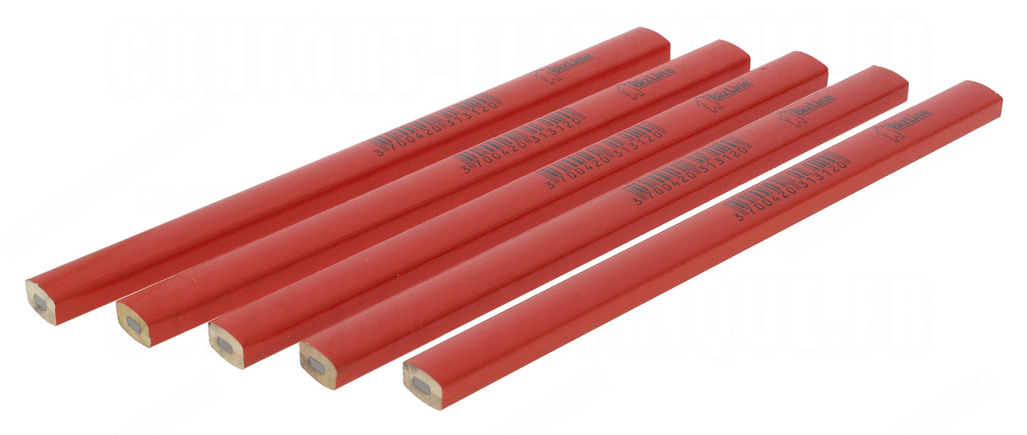 Crayon menuisier - 18 cm - Rouge - Lot de 5 - Bizline 790003..