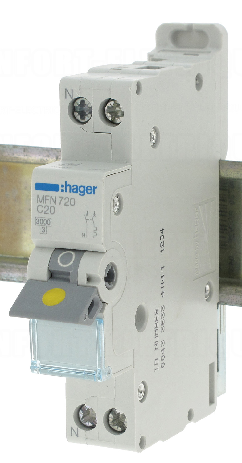 Disjoncteur 20A 3kA courbe C phase neutre Hager à vis 19,9..