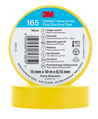 Ruban adh�sif - 3M TEMFLEX 165 - 15 mm x 10 m�tres - Jaune - 3M 80465N