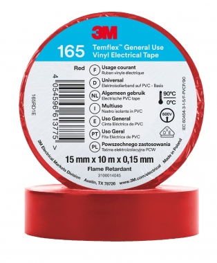 Ruban adh�sif - 3M TEMFLEX 165 - 15 mm x 10 m�tres - Rouge - 3M 80463N