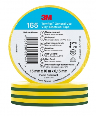 Ruban adh�sif - 3M TEMFLEX 165 - 15 mm x 10 m�tres - Vert jaune - 3M 80457N