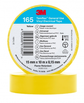 Ruban adh�sif - 3M TEMFLEX 165 - 15 mm x 10 m�tres - Jaune - 3M 80465N