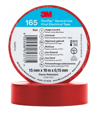 Ruban adh�sif - 3M TEMFLEX 165 - 15 mm x 10 m�tres - Rouge - 3M 80463N