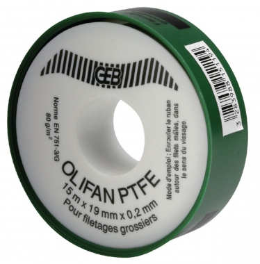 Ruban T�flon Geb OLIFAN - Pour raccords sp�cial gros diam�tres - 19 mm x 15 m x 0.2 mm