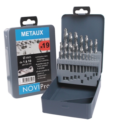 Coffret de 19 forets cylindriques - HSS - Pour m�taux - Diam�tre 1 � 10 mm - Novipro 745F