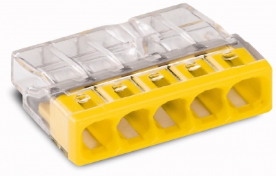 Borne pour boite de d�rivation Compact - Wago - 5 conducteurs - 5 x 0.5 � 2.5 mm� - Transparent / Jaune