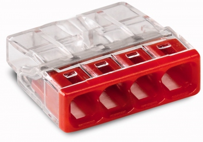 Borne pour boite de d�rivation Compact - Wago - 4 conducteurs - 4 x 0.5 � 2.5 mm� - Transparent / Rouge