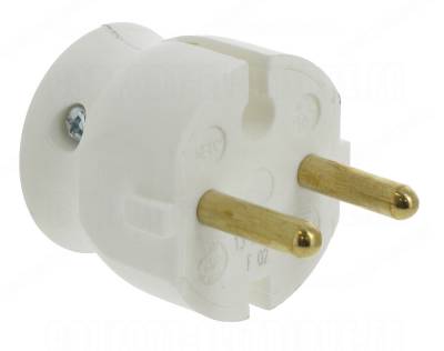 Fiche male 16A 2P en plastique extra plate sortie lat�rale blanc